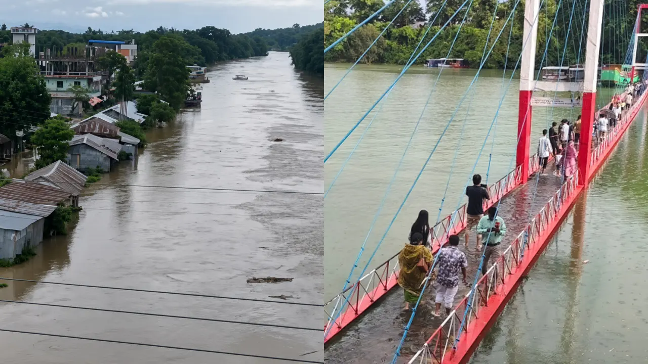 কাপ্তাই হ্রদের পানিতে ডুবেছে ঝুলন্ত সেতু, বাঘাইছড়ির নিম্নাঞ্চল প্লাবিত