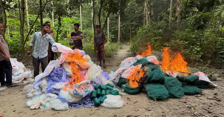 মানিকগঞ্জে ২০ লাখ টাকার নিষিদ্ধ জাল জব্দ, পুড়িয়ে ধ্বংস