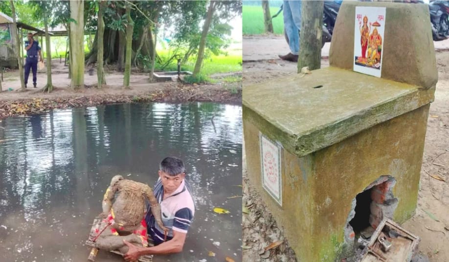 বগুড়ায় কালীমন্দিরে চুরি-ভাঙচুর, ডোবায় মিলল মূর্তি