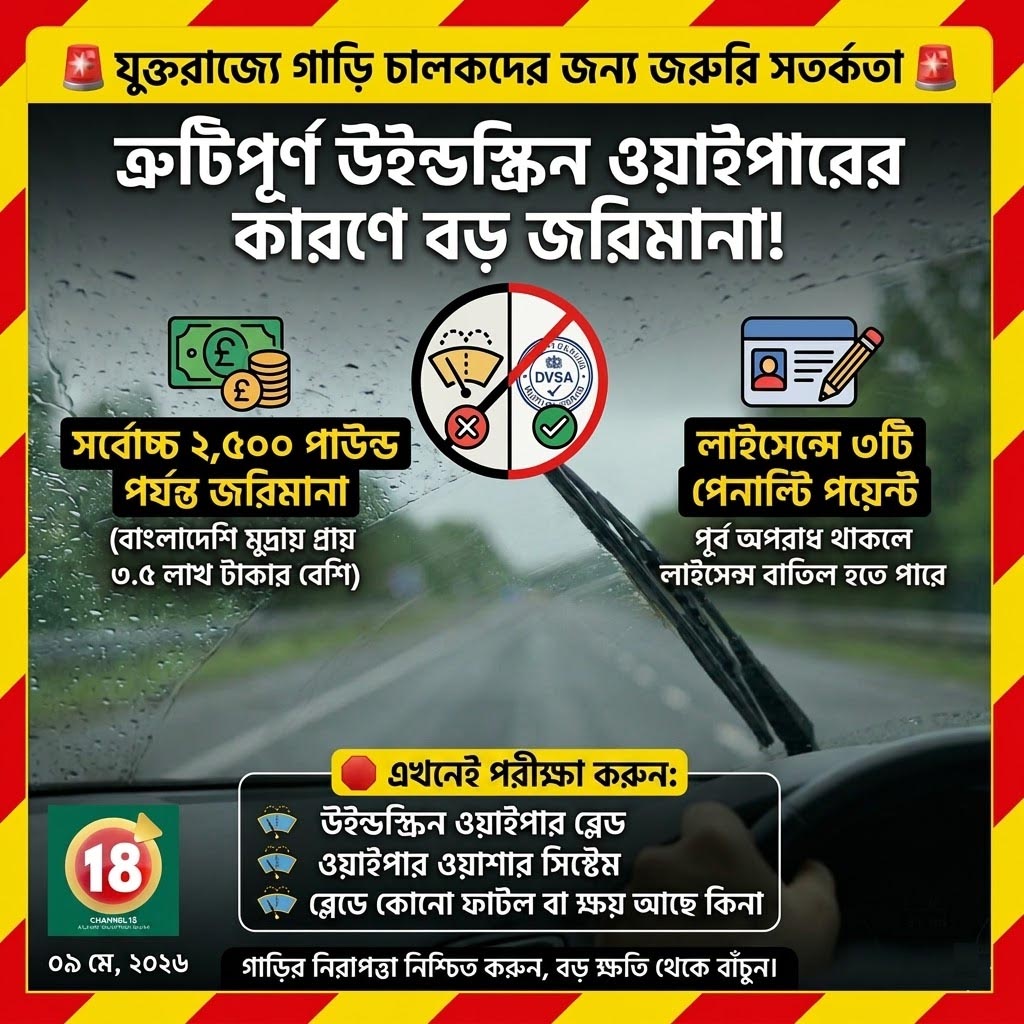 গাড়ি চালকদের জন্য জরুরি সতর্কতা: ত্রুটিপূর্ণ উইন্ডস্ক্রিন ওয়াইপারের কারণে হতে পারে বড় জরিমানা
